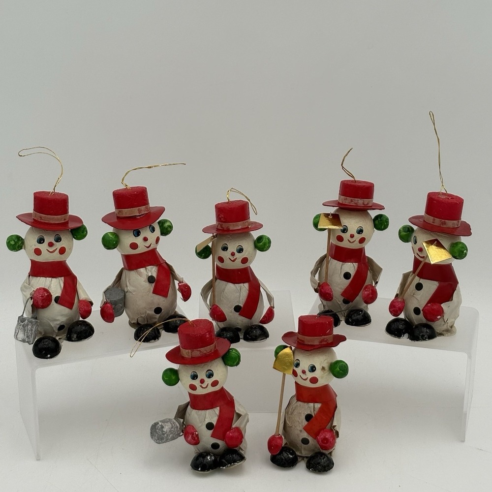 Vintage 1960s Taiwan Paper Mache Snowman Ornaments Set of‎ 7 Red Hat Christmas